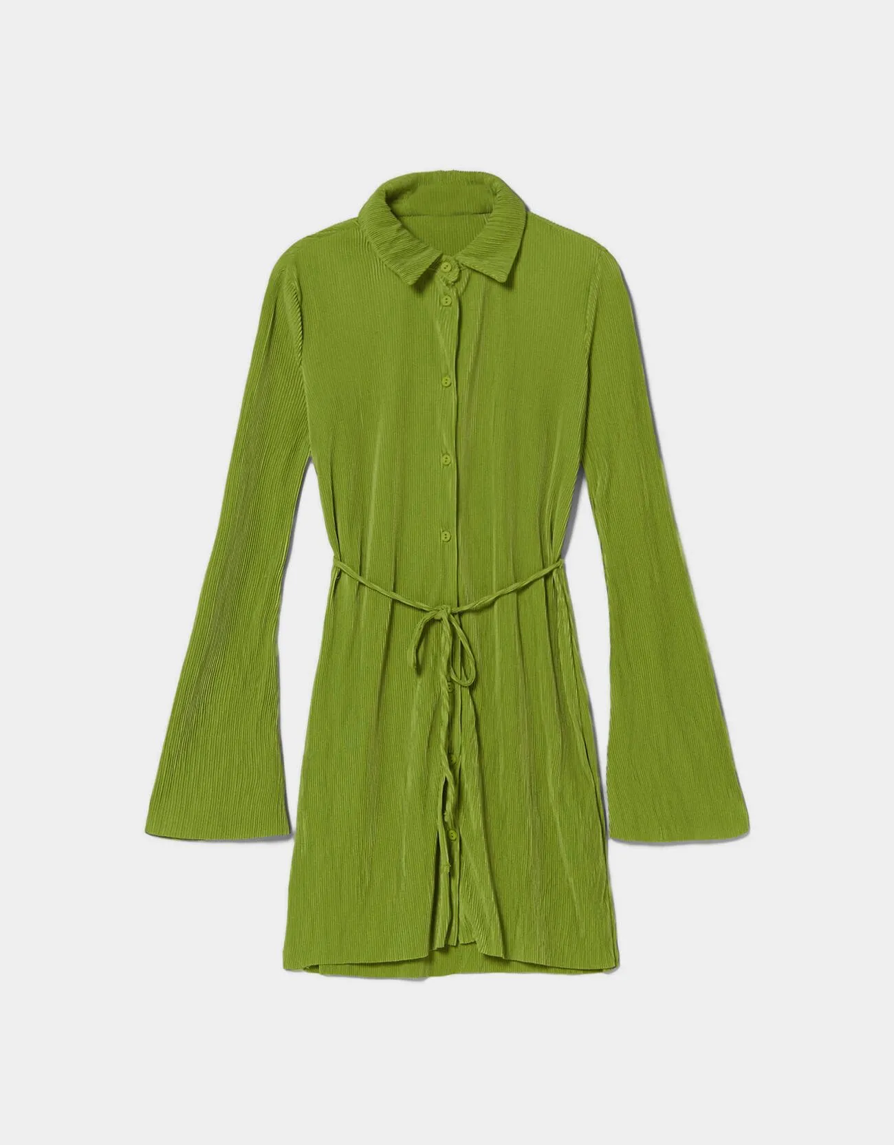 Pleated mini dress with long sleeves and belt – Grün – Image 5 of 6