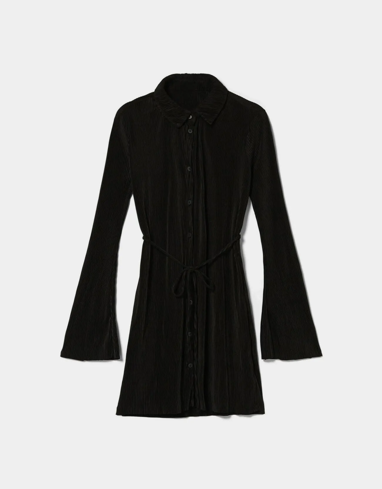 Pleated mini dress with long sleeves and belt – Schwarz – Image 5 of 6