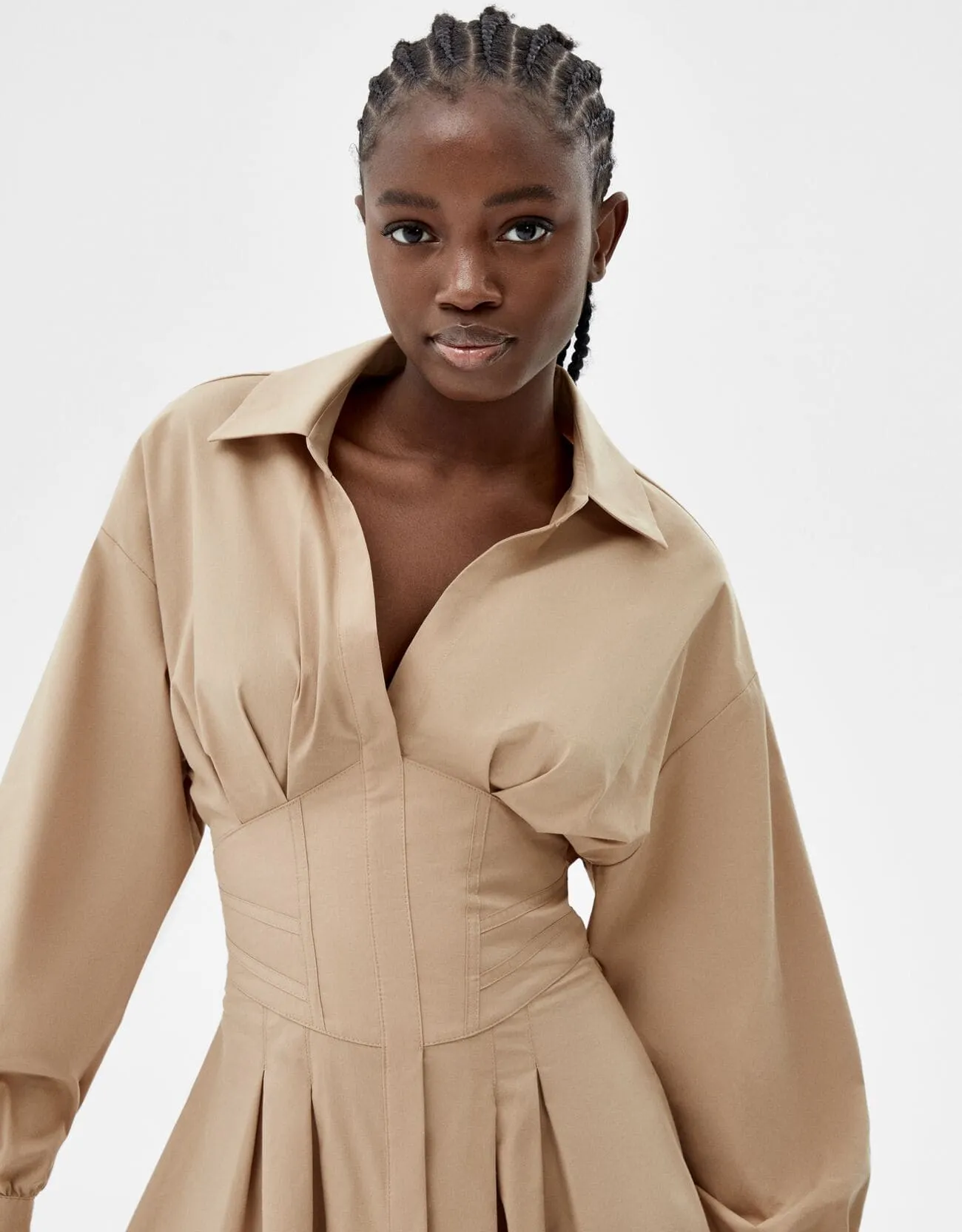 Minihemdkleid aus Popelin mit Corsage-Detail – Camel – Bild 3 von 6
