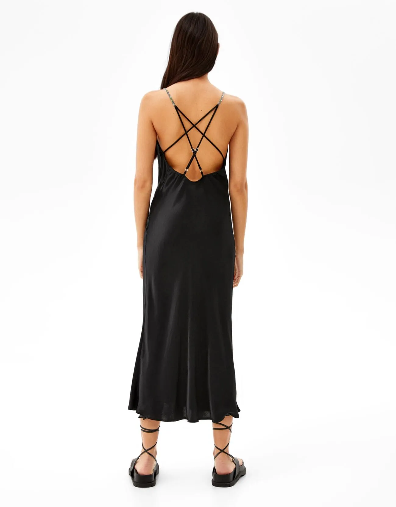 Satiniertes Midikleid mit Trägern und Strass – Schwarz – Bild 3 von 7