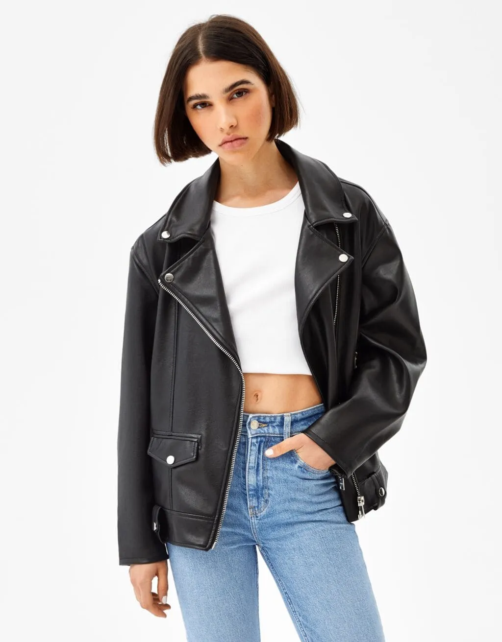 Oversize biker jacket made of faux leather – Schwarz – Image 2 of 4