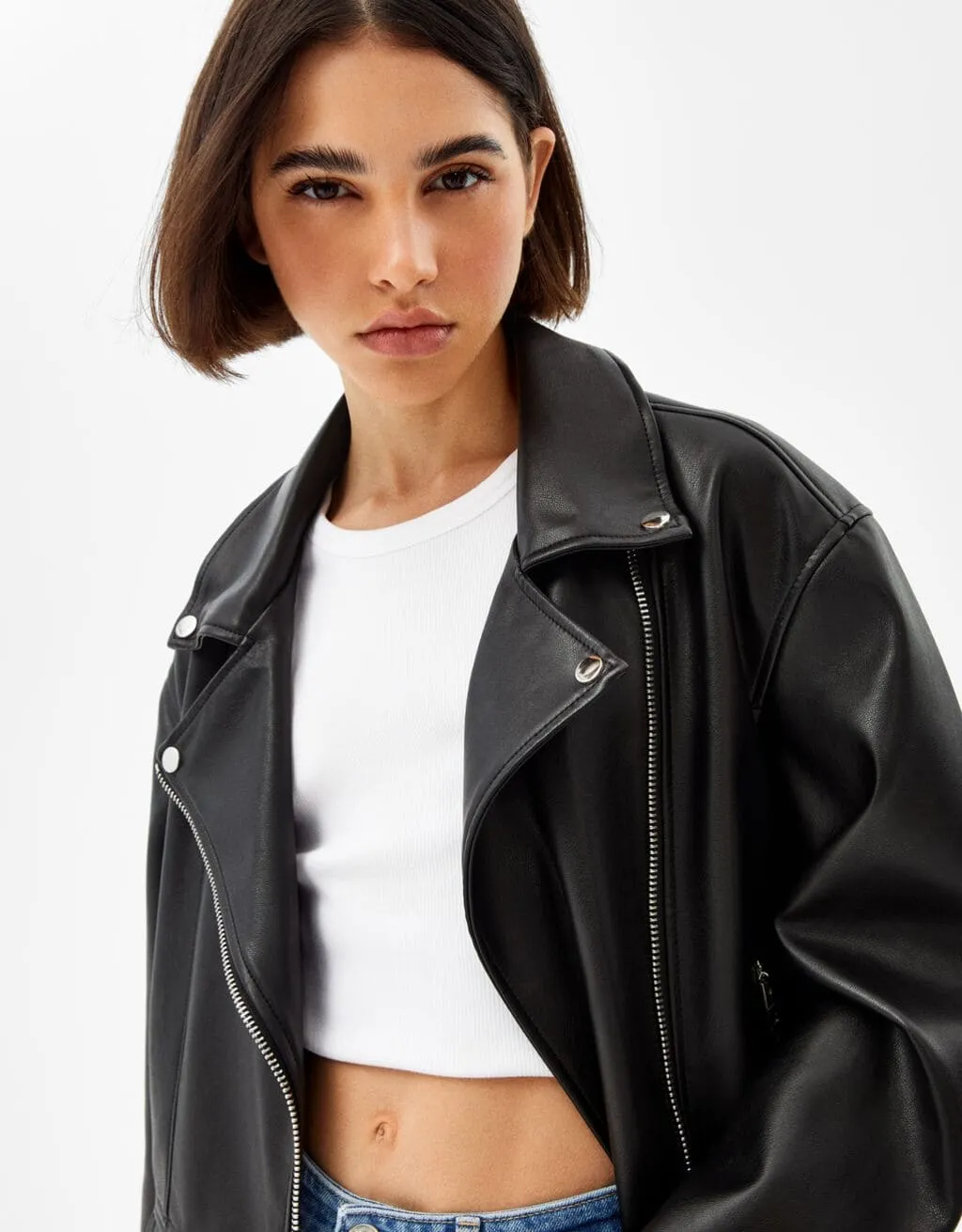 Oversize biker jacket made of faux leather – Schwarz – Image 4 of 4