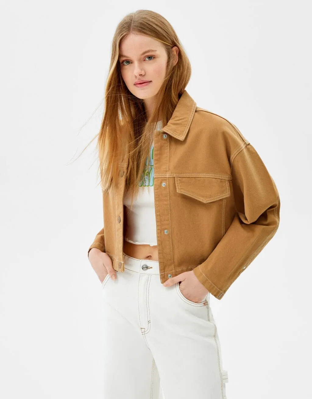 Trucker jacket made of cotton with contrast colour – Camel – Image 2 of 6