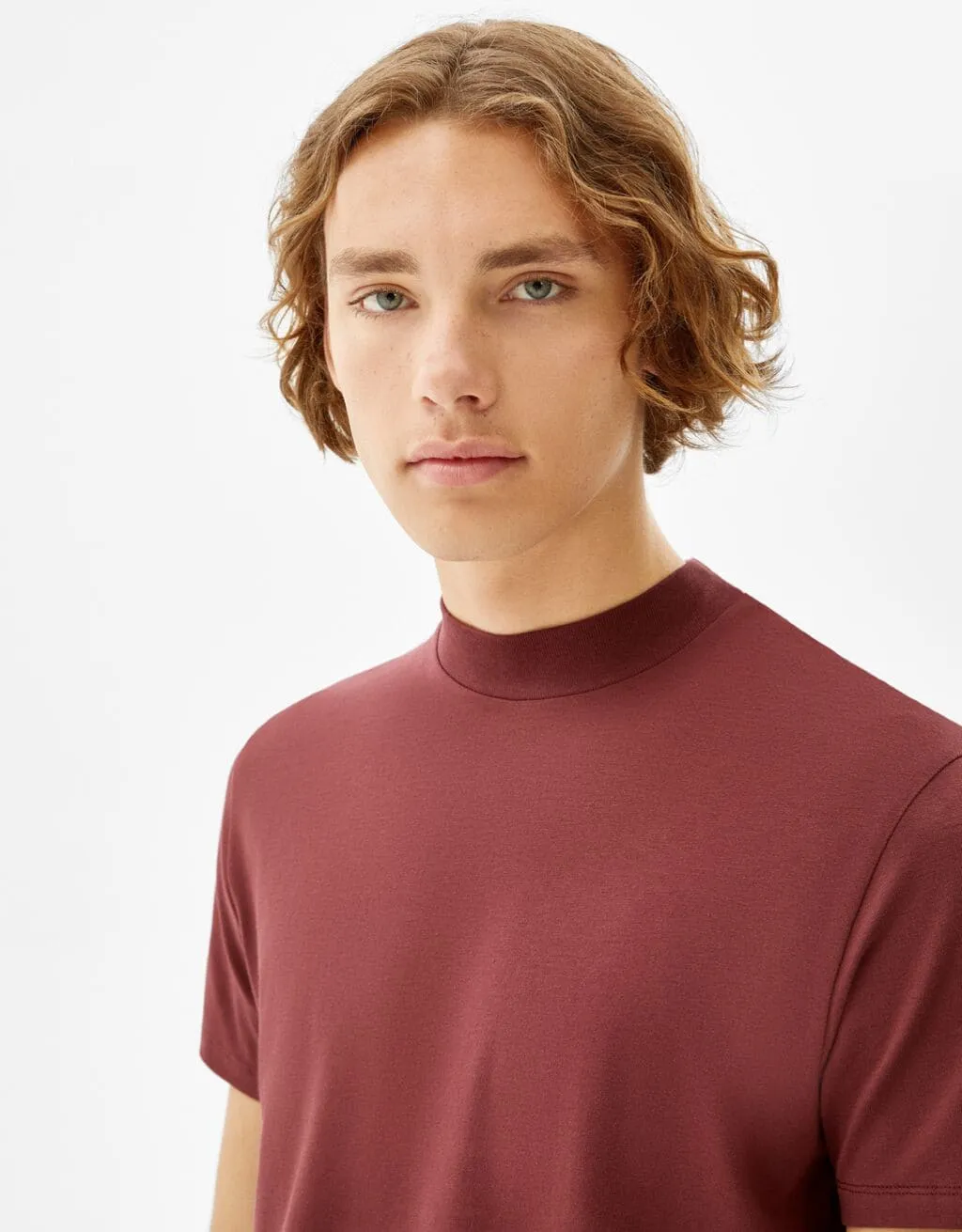 Slim-fit T-shirt with ribbed stand-up collar – Rot – Image 3 of 6