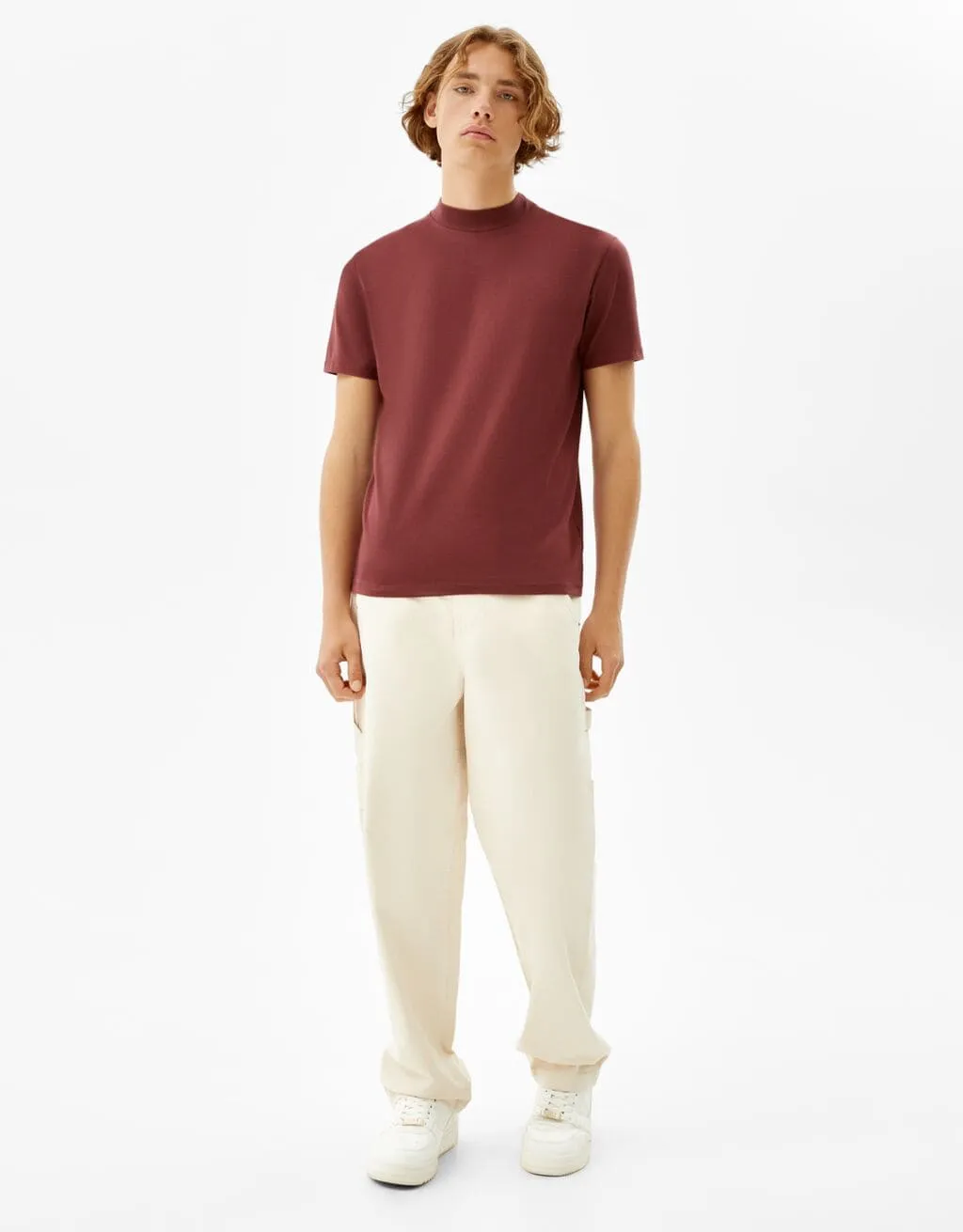 Slim-fit T-shirt with ribbed stand-up collar – Rot – Image 4 of 6