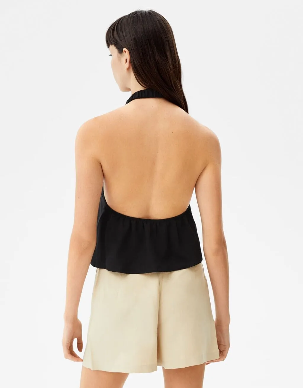 Cropped-Leinentop mit Neckholder – Schwarz – Bild 3 von 6