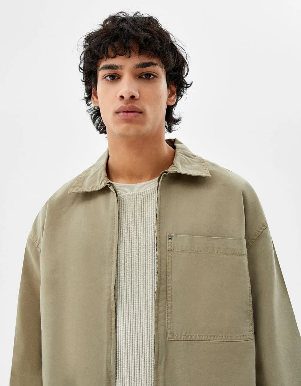 Cotton jacket with zip – Khaki – Image 3 of 5