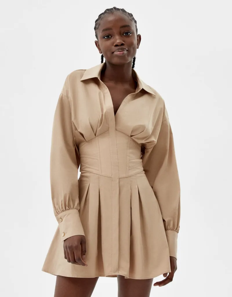 Minihemdkleid aus Popelin mit Corsage-Detail – Camel