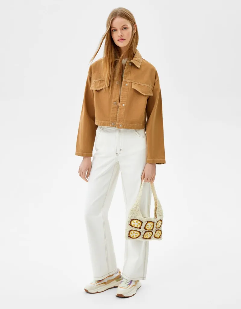 Truckerjacke aus Baumwolle mit Kontrastfarbe – Camel