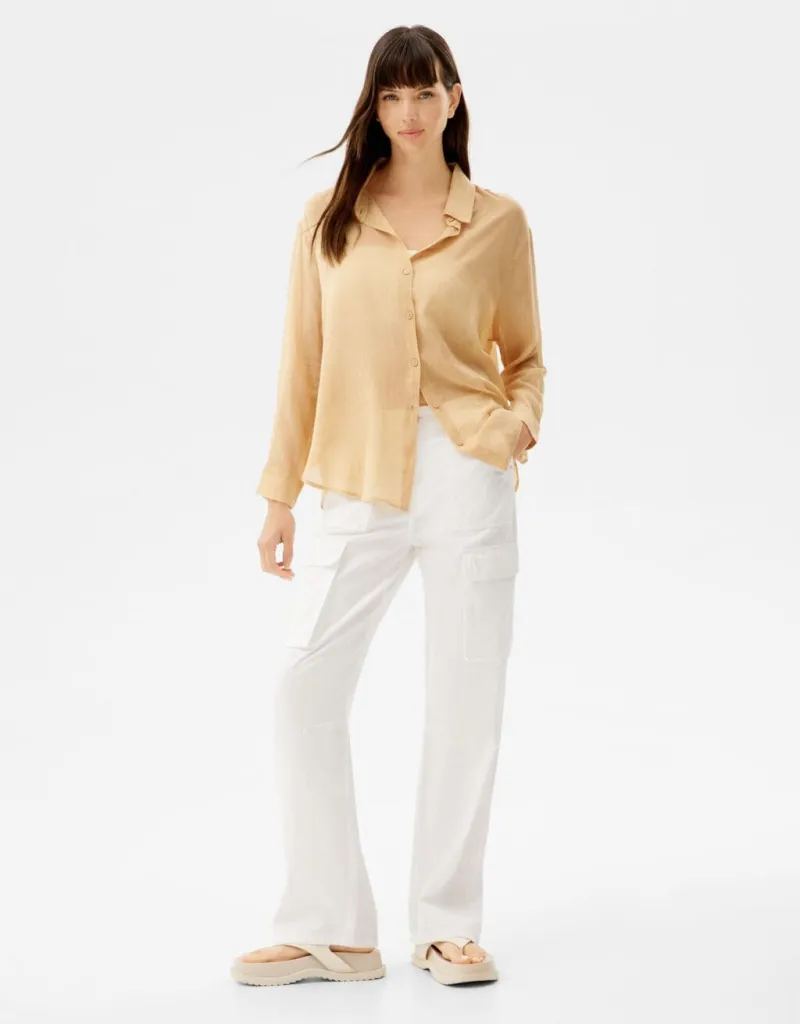 Oversize-Langarmhemd im rustikalen Look – Sand